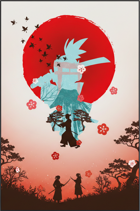 Red vinyl rug featuring anime fighter sunset art - TenStickers