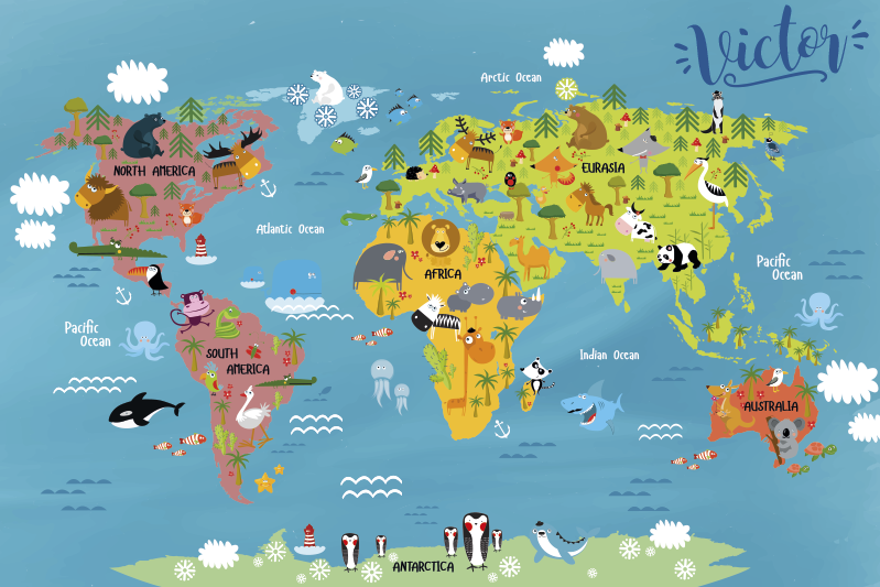 World Map with animals kids vinyl rug - TenStickers