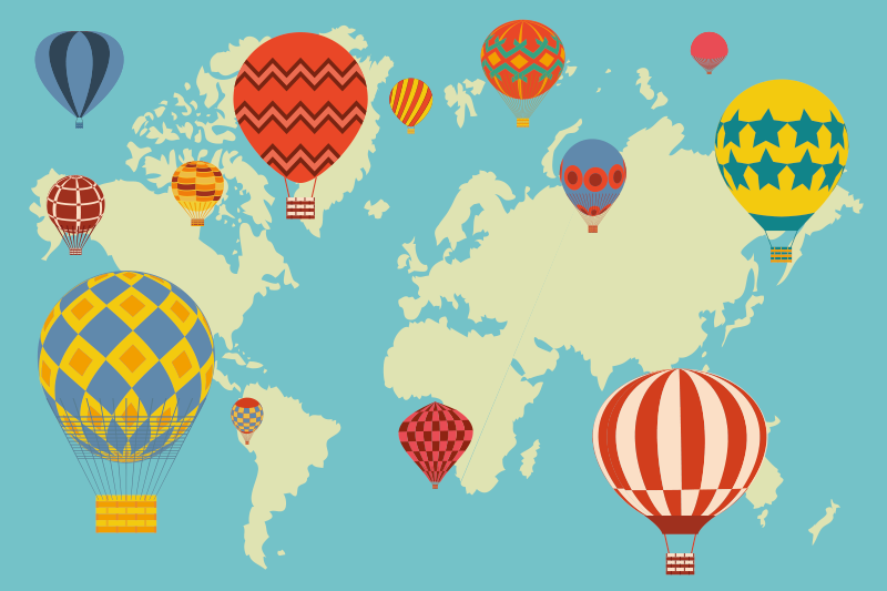 Colorful hot air balloons world map vinyl rug - TenStickers