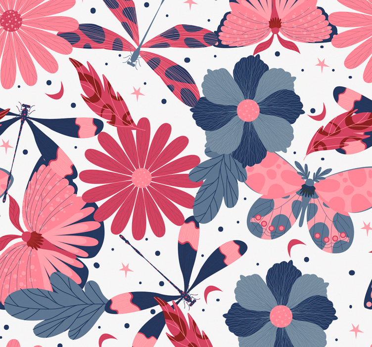 Pink butterfly pattern flowers wallpaper - TenStickers