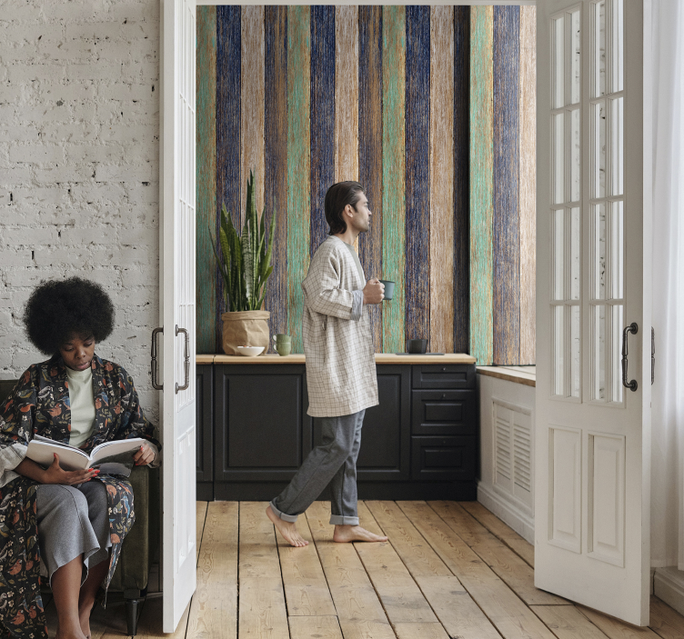 Colorful distressed design wood effect wallpaper - TenStickers