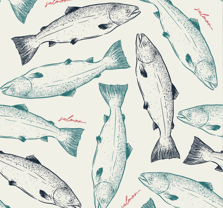 Hand drawn salmon fish pattern animal kitchen wallpaper - TenStickers