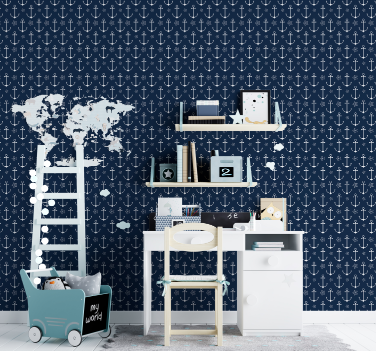 anchor pattern Navy bedroom wallpaper - TenStickers