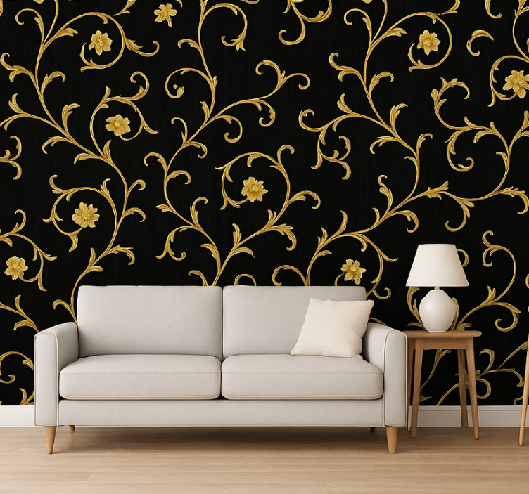 Baroque wallpaper gold scroll midnight noir - TenStickers