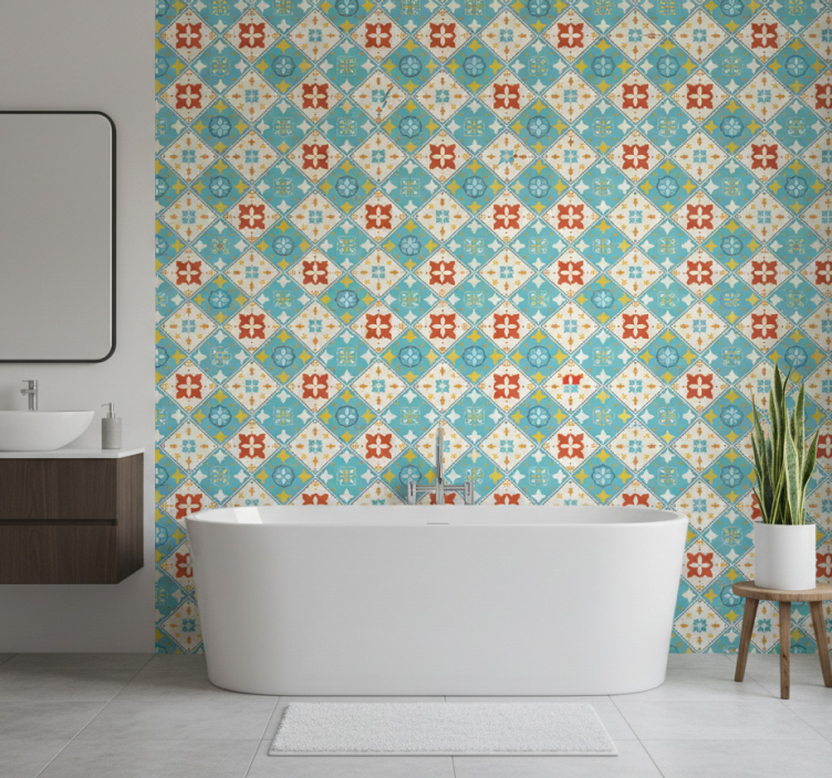 Bathroom wallpaper in blue and beige tiles - TenStickers