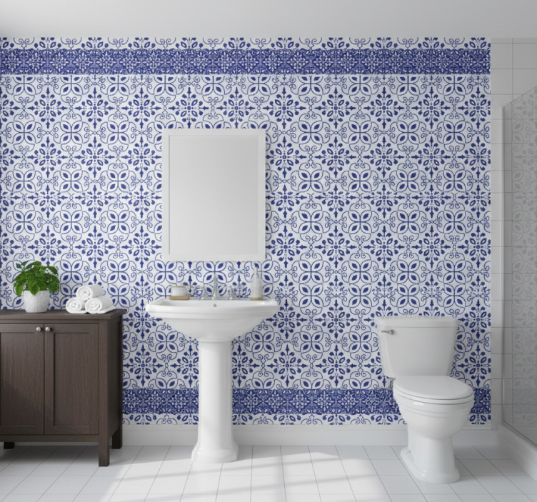 Bathroom wallpaper ornate blue tiles - TenStickers