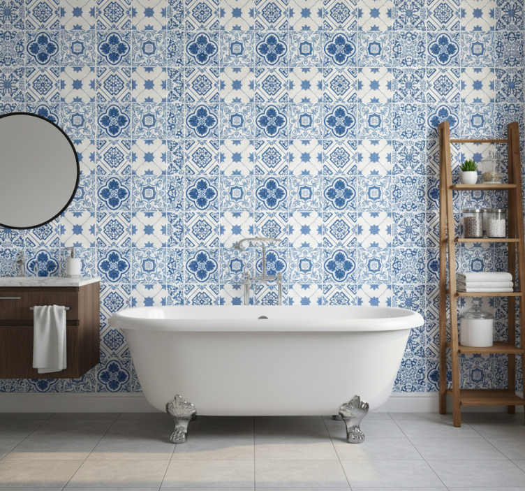 Bathroom wallpaper with intricate blue designs - TenStickers