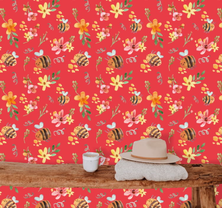 Bee Floral Pattern flowers wallpaper - TenStickers