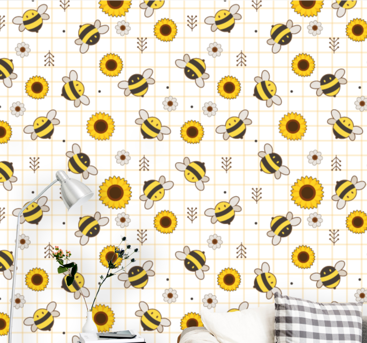 Bees Sunflowers Pattern animals wallpaper - TenStickers