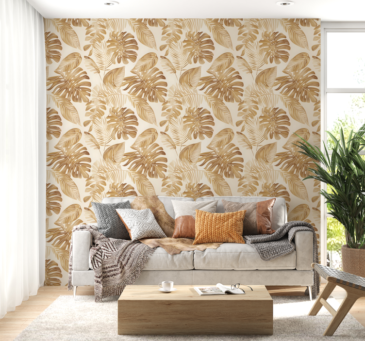 Beige large foliage arrangement leaves wallpaper - TenStickers