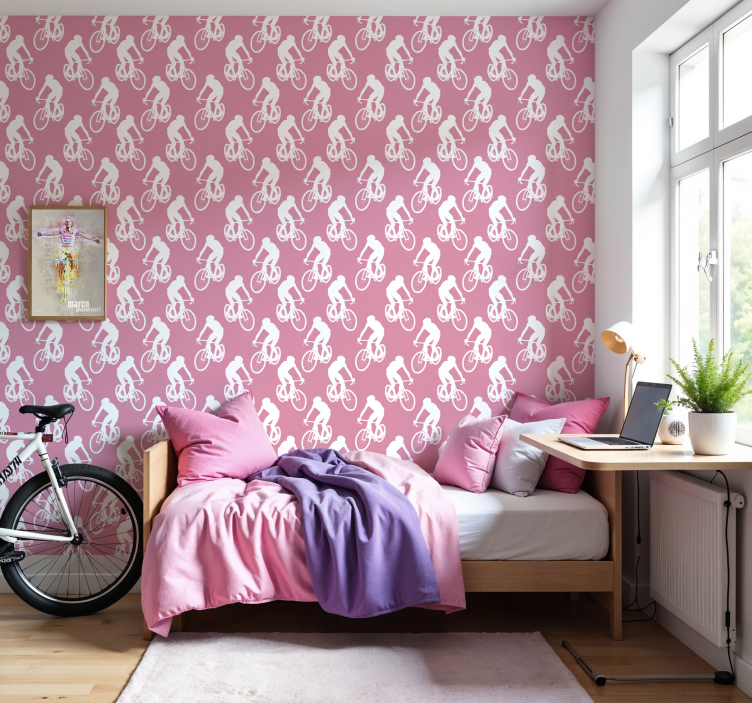 White cyclists pattern pink wallpaper - TenStickers