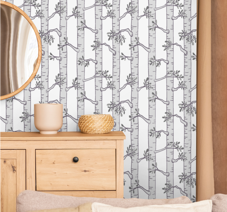Birch grey and white motif wallpaper of a tree - TenStickers