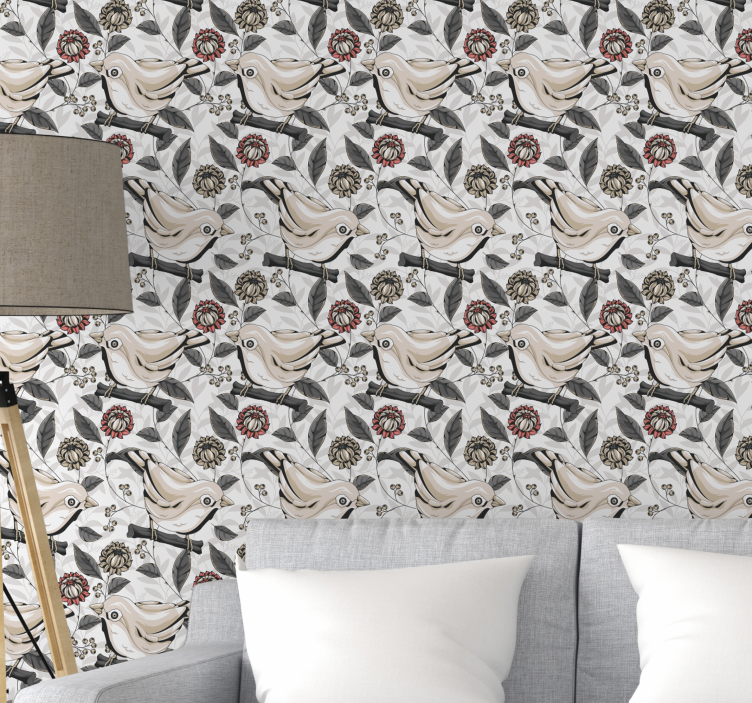 Birds design floral wallpaper - TenStickers