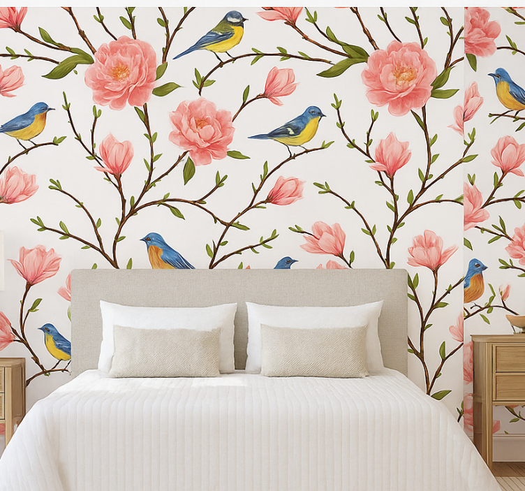 Birds in wallpaper spring songbird and peony - TenStickers