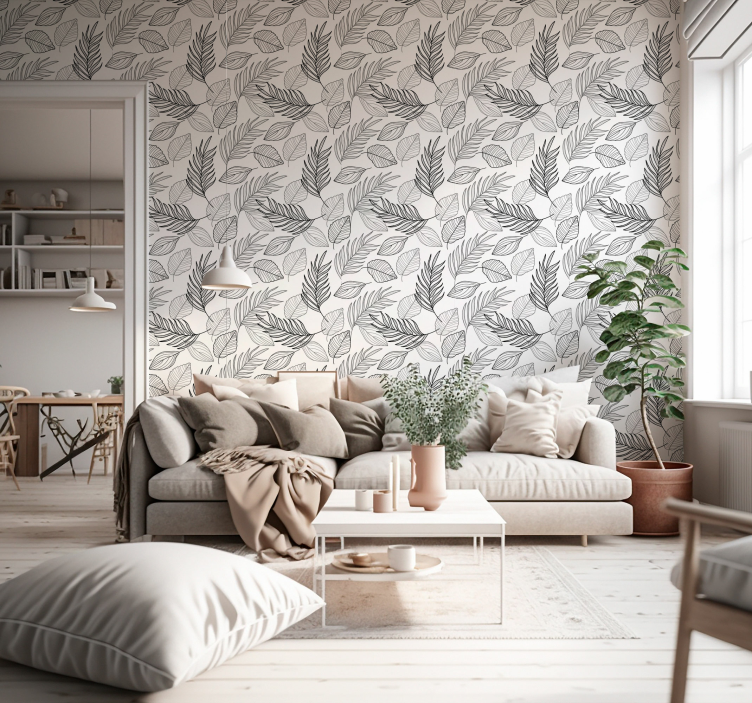 Black and white wallpaper with drawing leaves - TenStickers