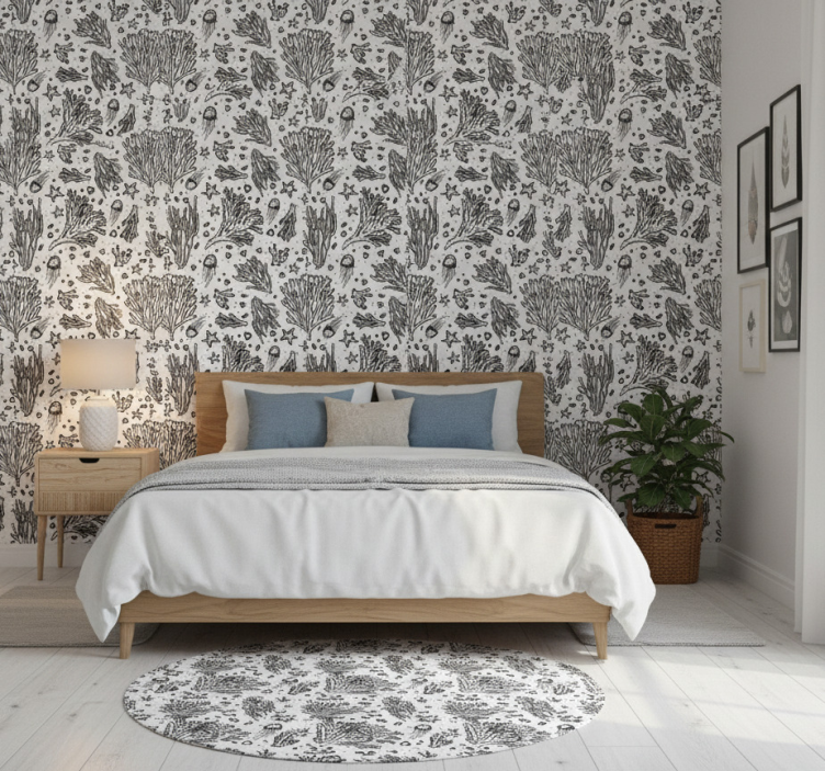 Black silhouetted sea creatures wall paper in bedroom - TenStickers
