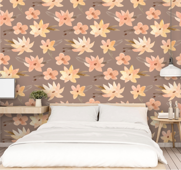 Brown blossoming pattern flowers wallpaper - TenStickers
