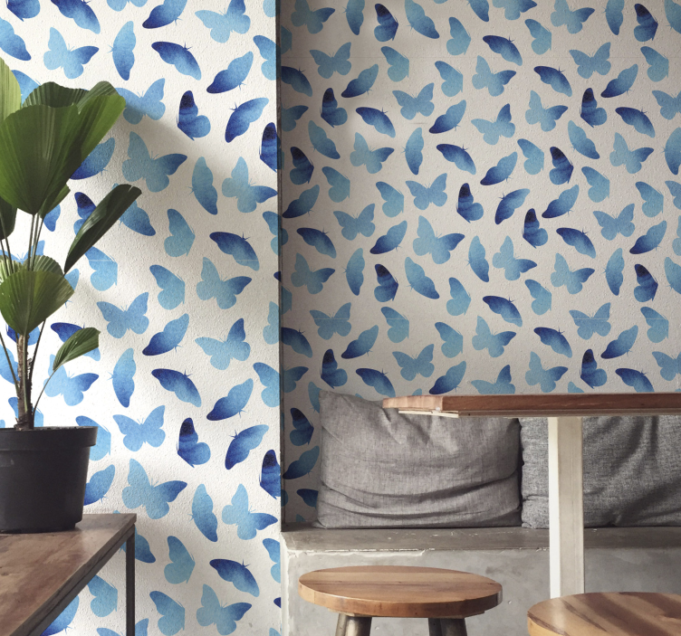 Butterflies wallpaper in blue and white design - TenStickers