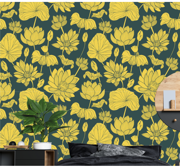 Botanical Lotus Illustration flowers wallpaper - TenStickers