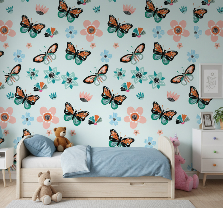 Butterflies wallpaper featuring butterflies and flowers - TenStickers
