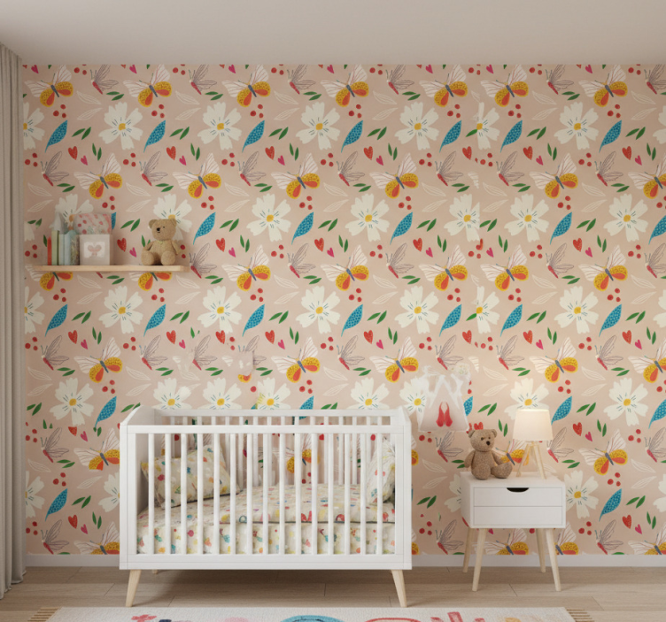 Butterflies wallpaper flowers and butterflies beige background - TenStickers