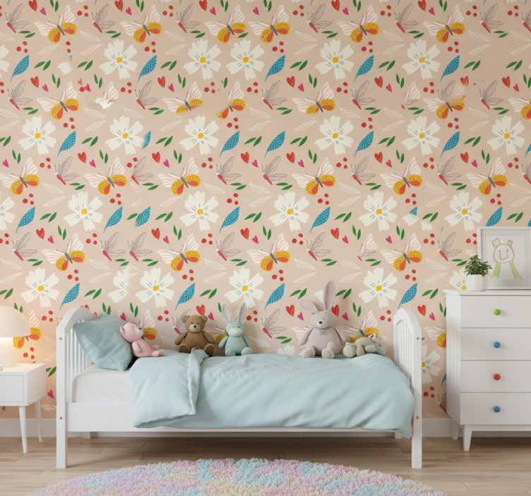 Butterflies wallpaper in beige floral pattern - TenStickers