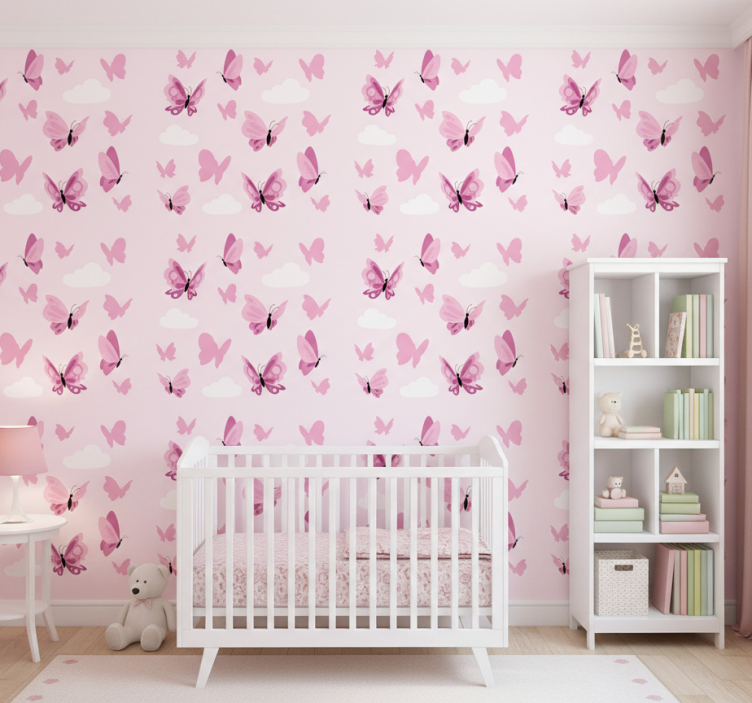 Butterflies wallpaper in pink fluttering clouds - TenStickers