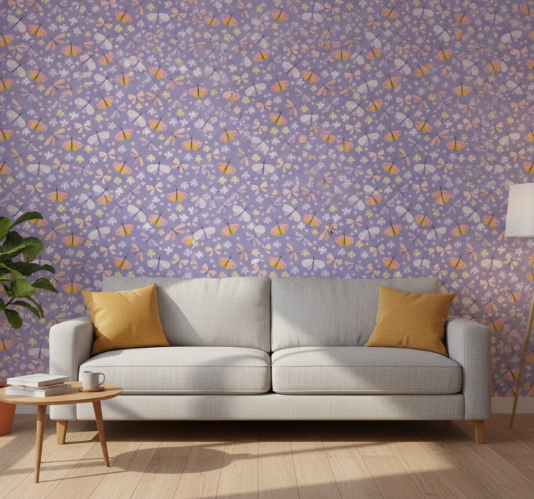 Butterflies wallpaper with elegant purple flowers - TenStickers