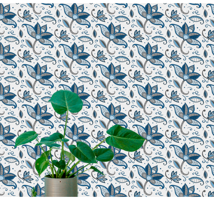 Blue Flowers Doodles leaves wallpaper - TenStickers