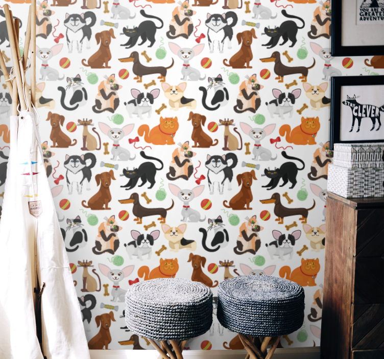 Doddle illustration of dogs and cat wallpaper - TenStickers