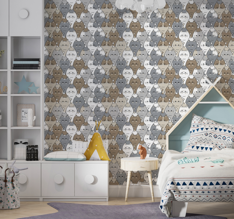 Grey color illustrated children cat wallpaper - TenStickers