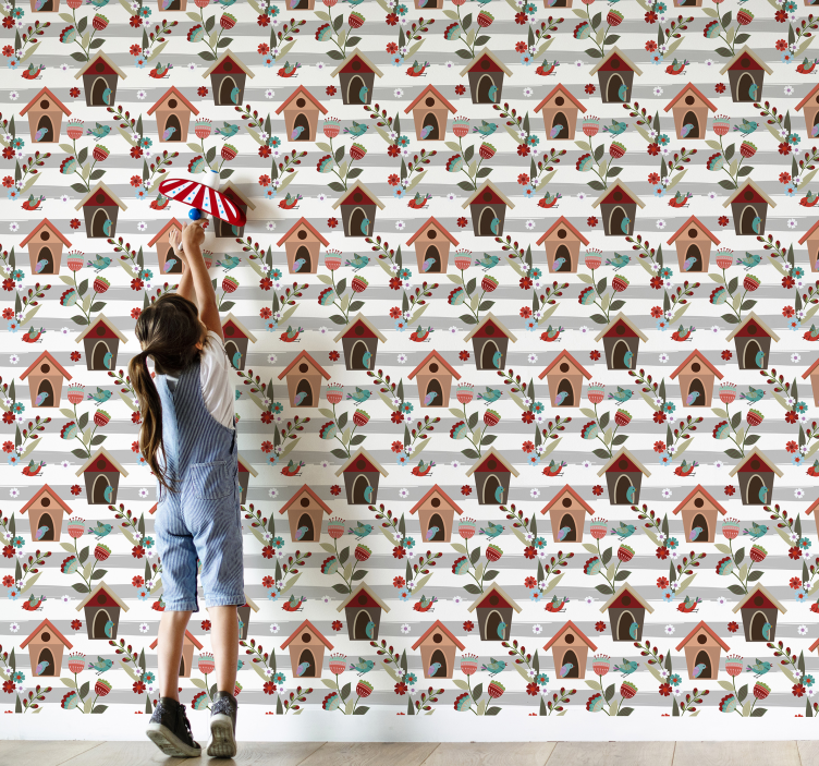 Charming Birdhouses Pattern floral wallpaper - TenStickers