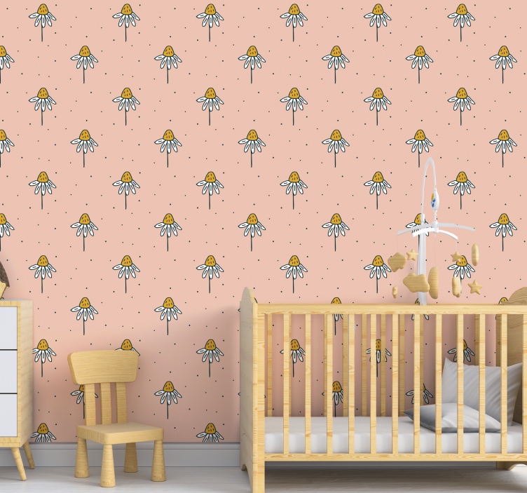 Daisies pattern on pink background nursery wallpaper - TenStickers