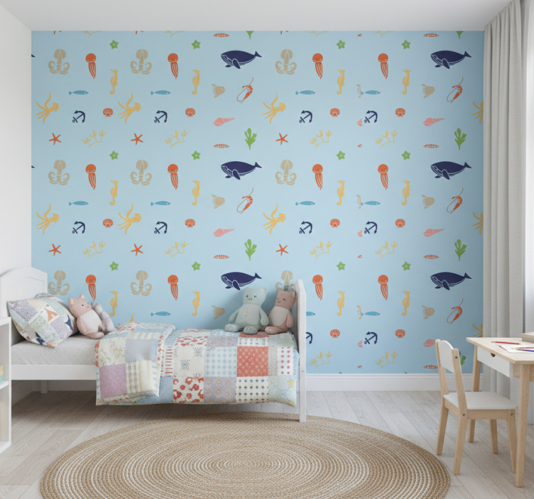 Children's wallpaper featuring minimalistic sea animals - TenStickers