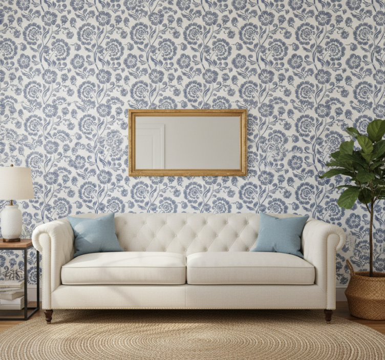 Classic wallpaper blue flowers on white background - TenStickers