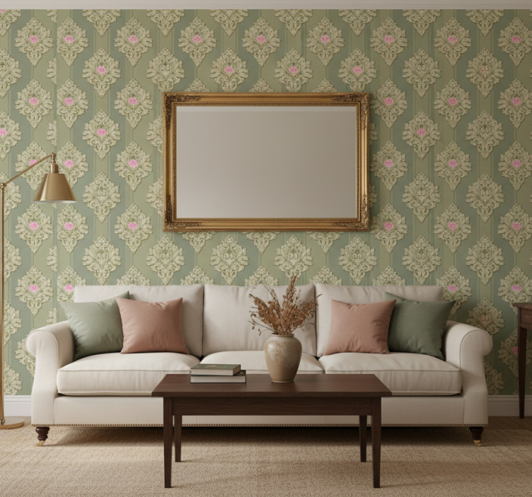 Classic wallpaper in french green vintage pattern - TenStickers