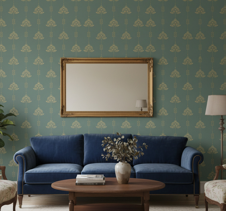 Classic wallpaper teal art nouveau pattern with gold flowers - TenStickers