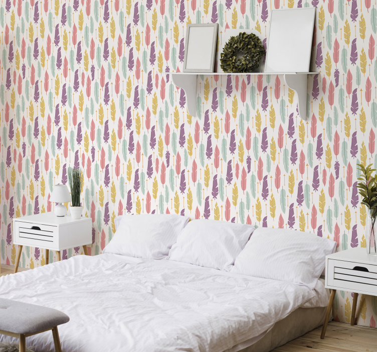Colorful feather arrangement master bedroom wallpaper - TenStickers