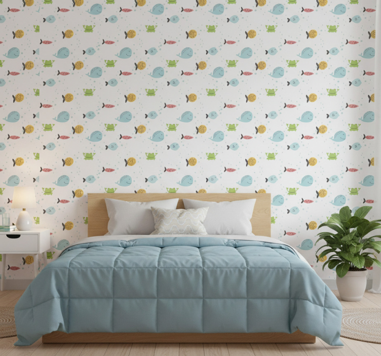 Colorful marine creatures wall paper in bedroom - TenStickers