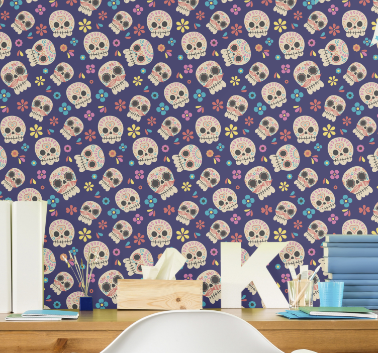 Colorful Skull Pattern cute halloween wallpaper - TenStickers