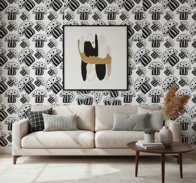 Contemporary wallpaper featuring black and white mushrooms - TenStickers