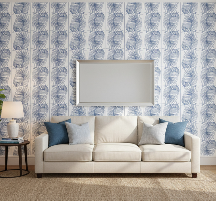 Contemporary wallpaper hampton style blue feathers - TenStickers
