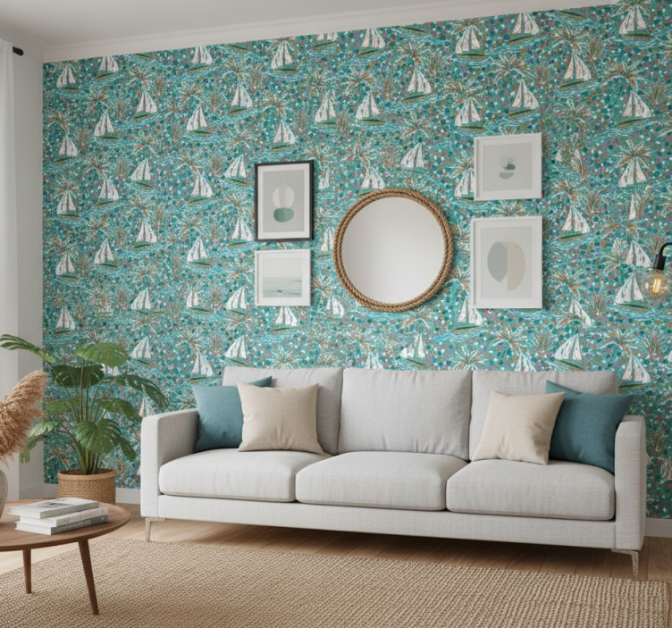 Contemporary wallpaper watercolor ships pattern - TenStickers