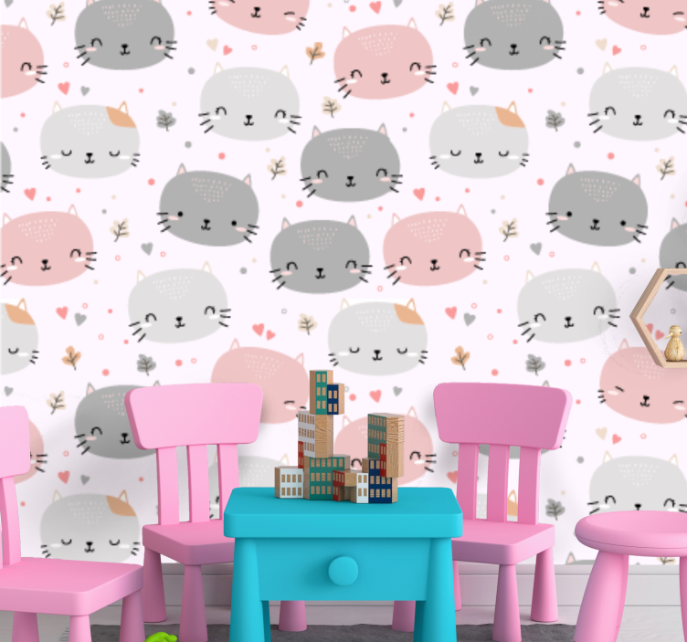 Cute hand drawn cat faces bedroom wallpaper - TenStickers