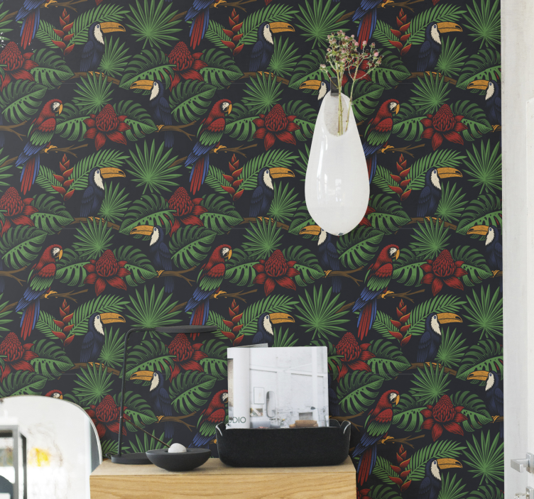 Dark Jungle Plants and Parrots Wallpaper - TenStickers