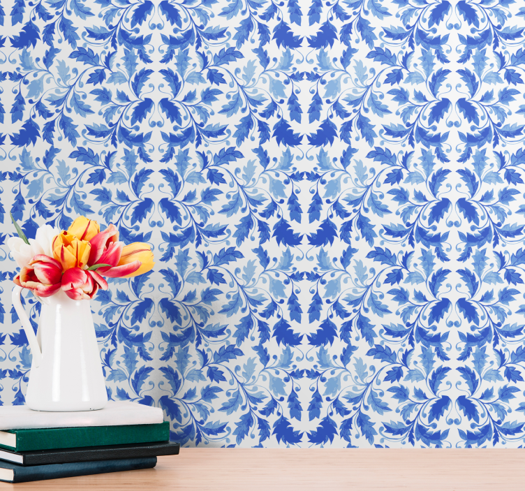 Elegant blue and white motif leaves wallpaper - TenStickers