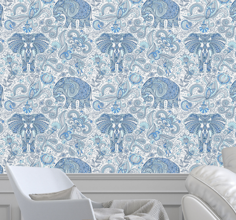 Blue ethnic pattern elephants wallpaper - TenStickers