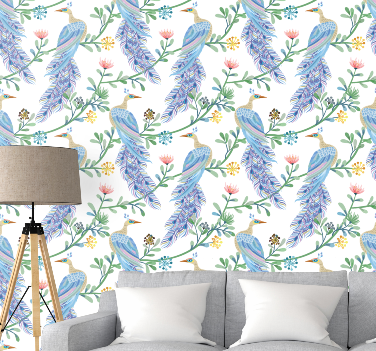 Elegant blue feathered motif birds in wallpaper - TenStickers