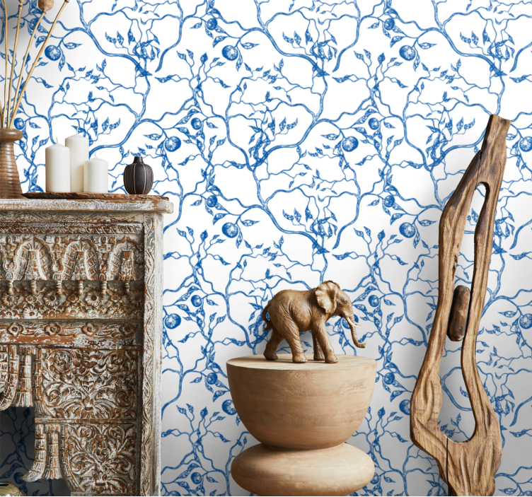 Blue branches motif leaves wallpaper - TenStickers