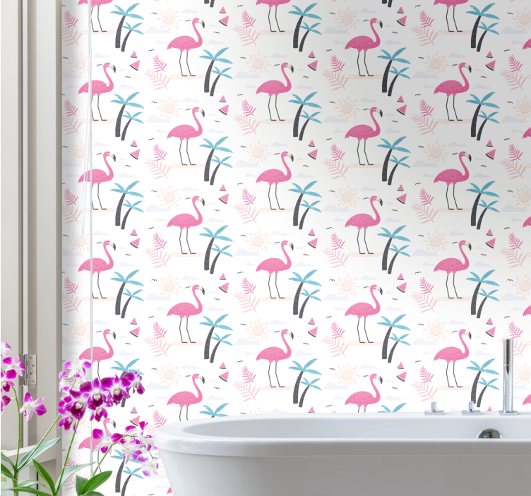 Flamingo Tropical Scene birds in wallpaper - TenStickers